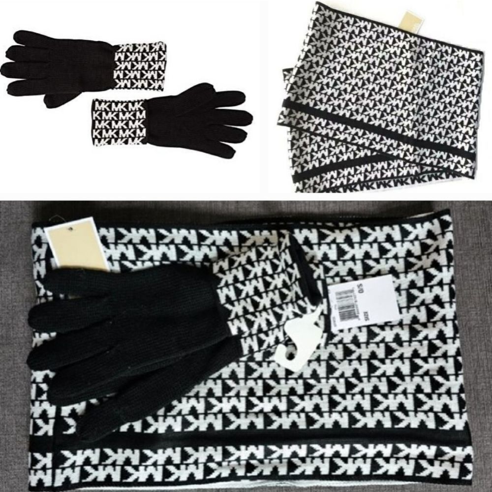 Michael Kors 2 pc Black & White MK Logo monogram Knit Cuffed Gloves & Scarf set